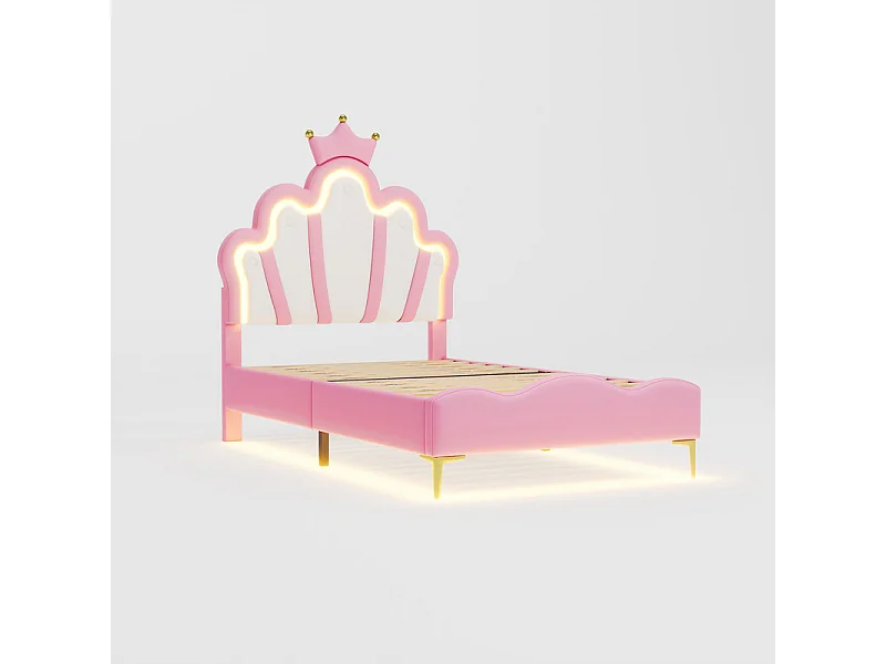 Cama infantil 90x200cm con LED - cama princesa con cojín de piel sintética - Rosa