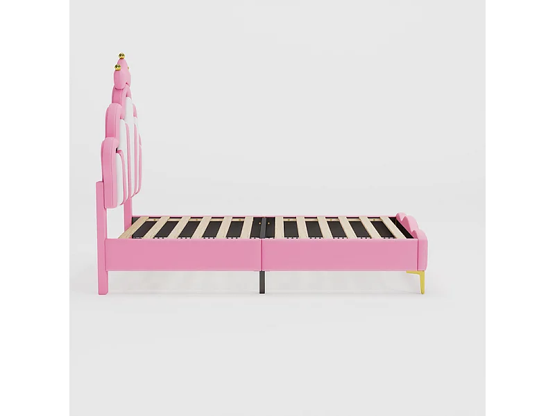 Cama infantil 90x200cm con LED - cama princesa con cojín de piel sintética - Rosa