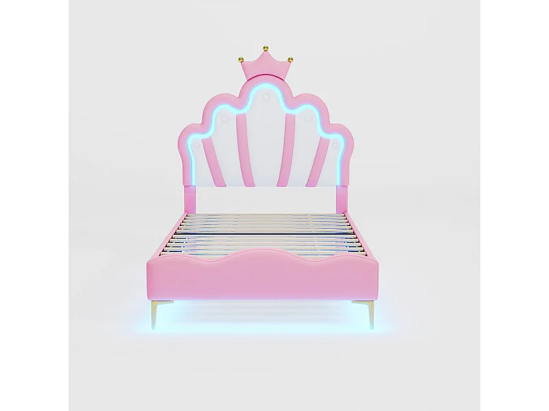 Cama infantil 90x200cm con LED - cama princesa con cojín de piel sintética - Rosa