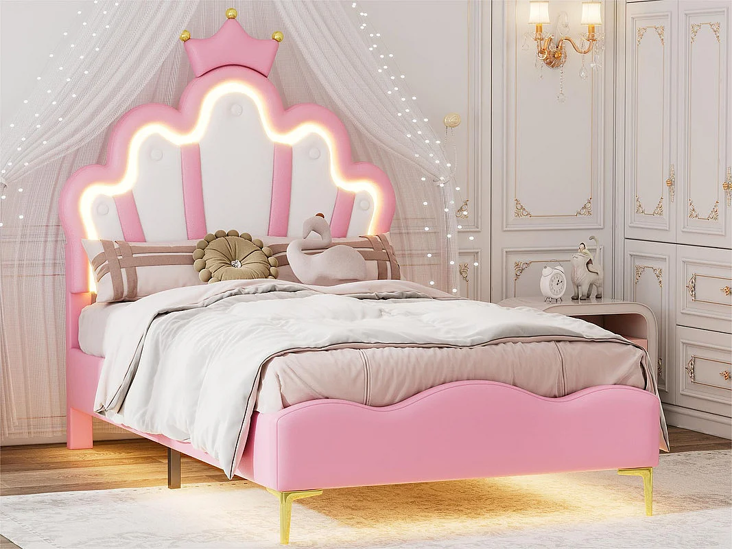 Kinderbett 90x200cm mit LED - Prinzessinnenbett mit Kunstlederkissen - Rosa