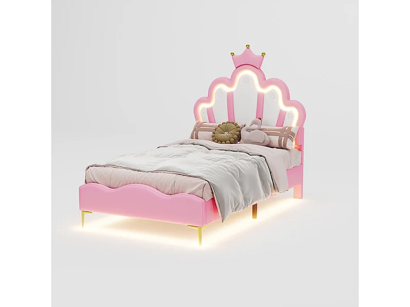 Kinderbett 90x200cm mit LED - Prinzessinnenbett mit Kunstlederkissen - Rosa