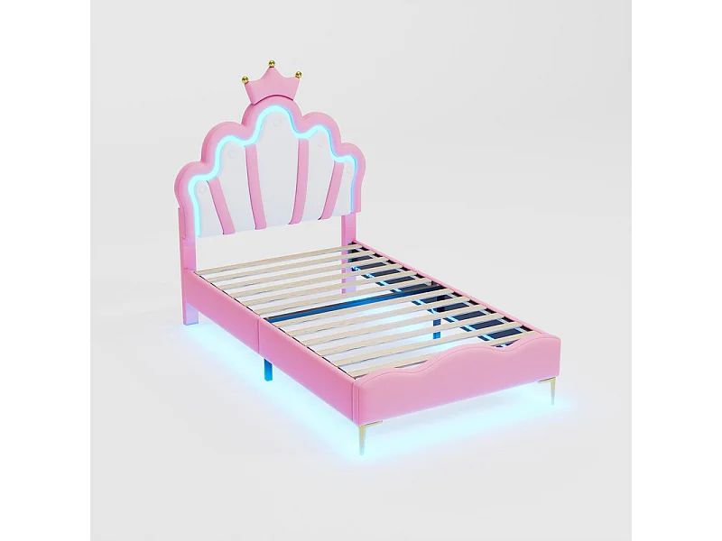 Kinderbett 90x200cm mit LED - Prinzessinnenbett mit Kunstlederkissen - Rosa