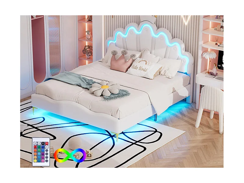 Kinderbett 140x200cm mit LED - Prinzessinnenbett mit Kunstlederkissen - Weiß