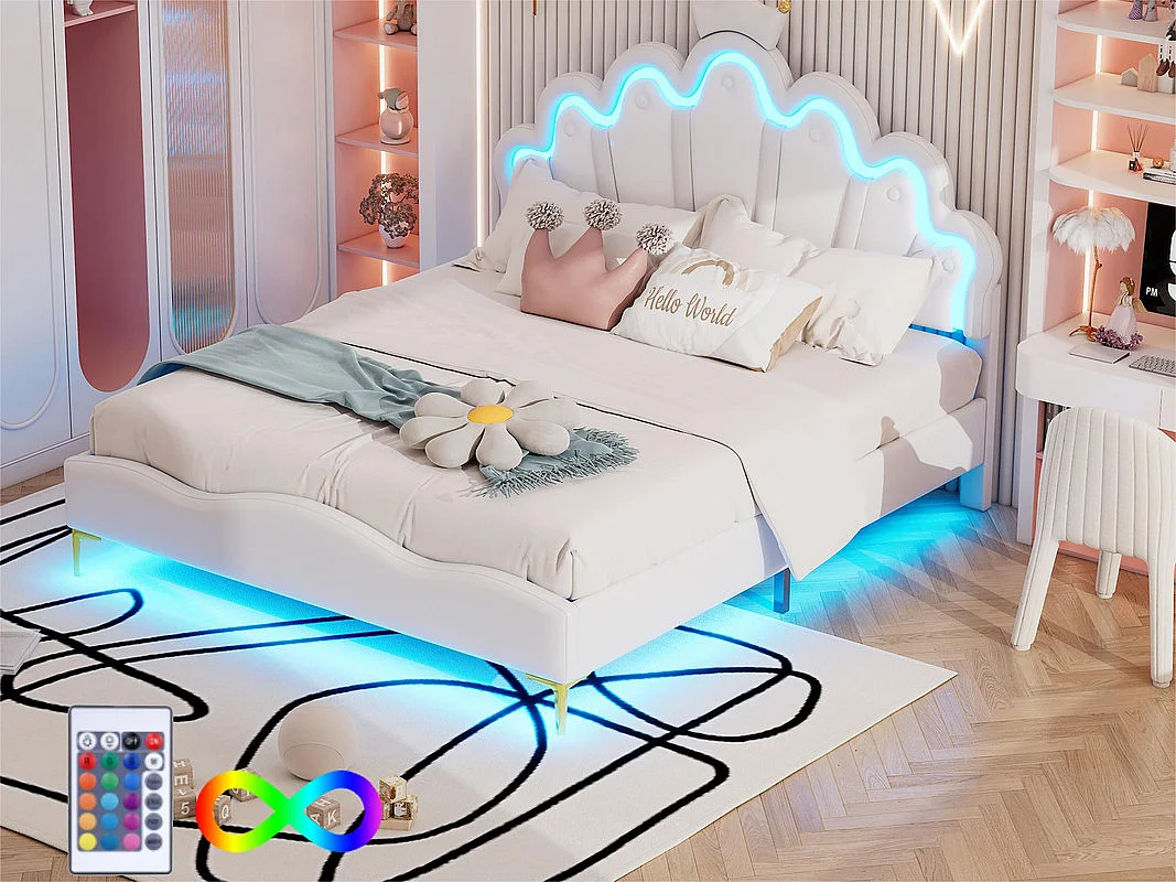 Letto per bambini 140x200 cm con LED - Letto principessa con cuscino in ecopelle - Bianco