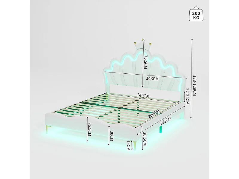 Letto per bambini 140x200 cm con LED - Letto principessa con cuscino in ecopelle - Bianco