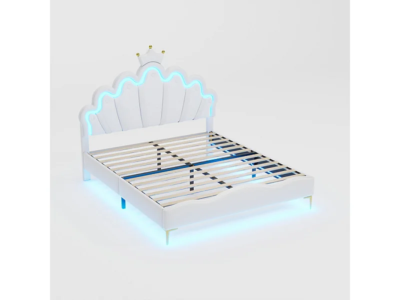Letto per bambini 140x200 cm con LED - Letto principessa con cuscino in ecopelle - Bianco
