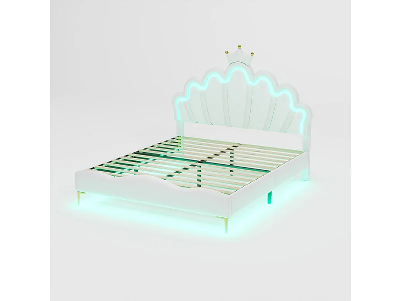 Letto per bambini 140x200 cm con LED - Letto principessa con cuscino in ecopelle - Bianco