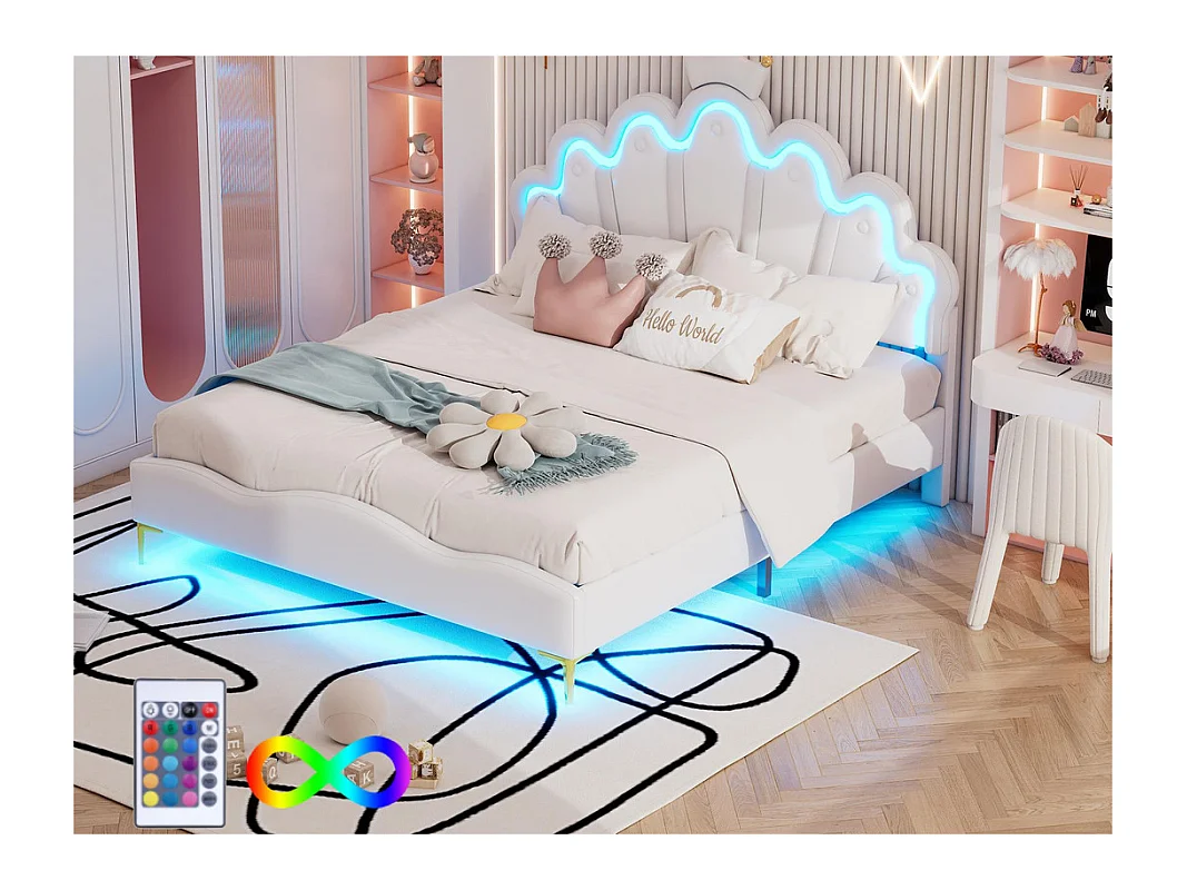Lit enfant 140x200cm avec LED - lit princess avec coussin en similicuir - Blanc