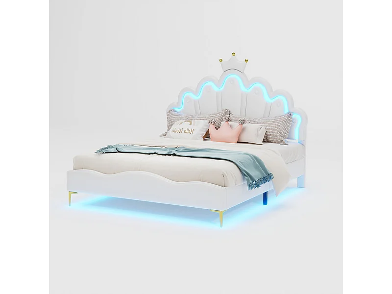 Kinderbett 140x200cm mit LED - Prinzessinnenbett mit Kunstlederkissen - Weiß