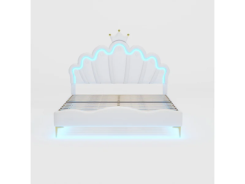 Kinderbett 140x200cm mit LED - Prinzessinnenbett mit Kunstlederkissen - Weiß