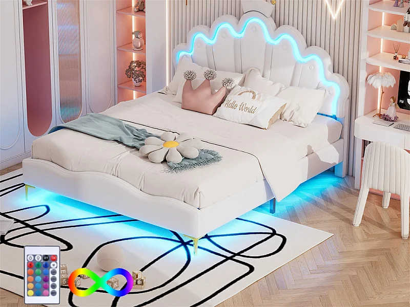 Letto per bambini 140x200 cm con LED - Letto principessa con cuscino in ecopelle - Bianco