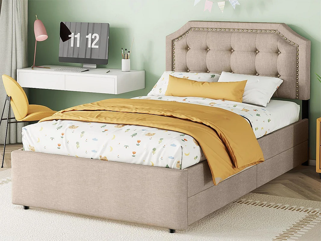 Letto imbottito in tessuto di lino con 2 cassetti - 90x200 cm - testiera decorata con rivetti - Tortora