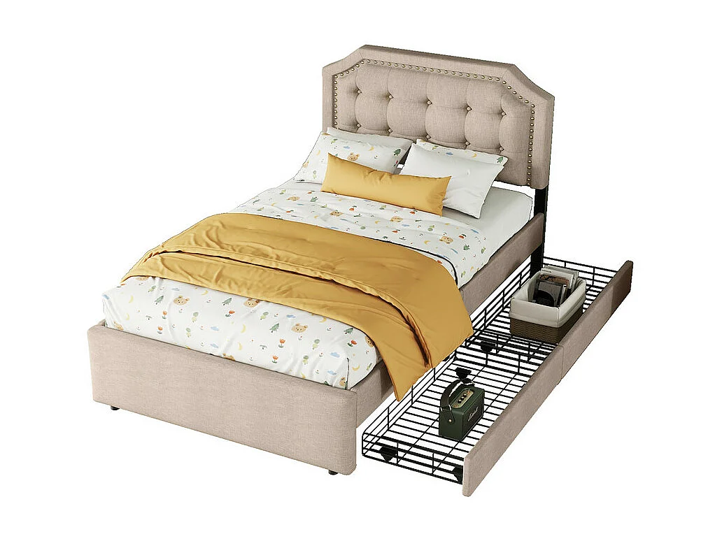 Letto imbottito in tessuto di lino con 2 cassetti - 90x200 cm - testiera decorata con rivetti - Tortora