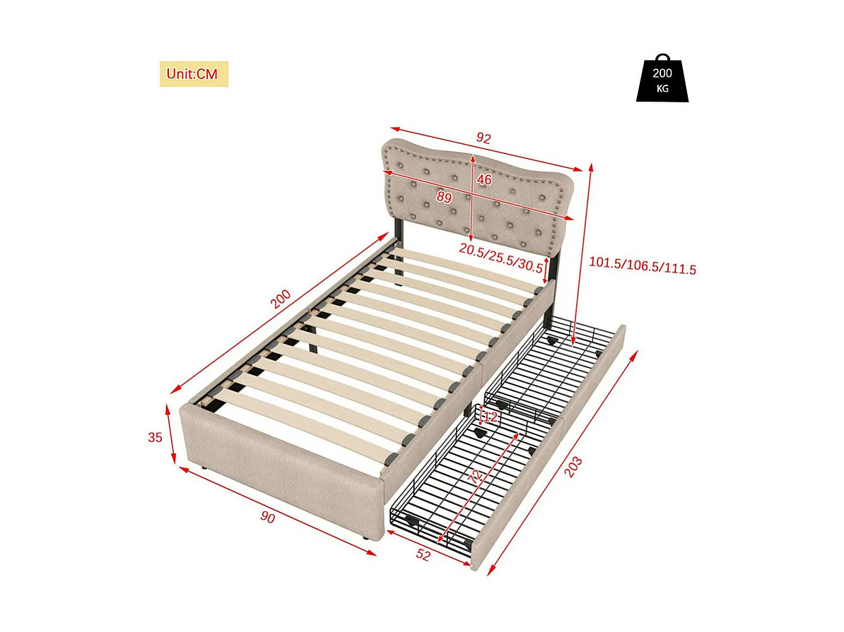 Letto imbottito in tessuto di lino con 2 cassetti - 90x200 cm - testiera decorata con rivetti - Tortora