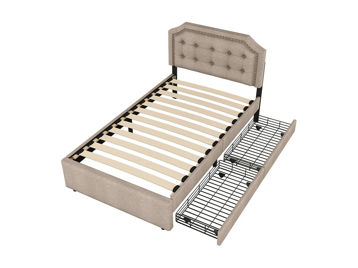 Letto imbottito in tessuto di lino con 2 cassetti - 90x200 cm - testiera decorata con rivetti - Tortora