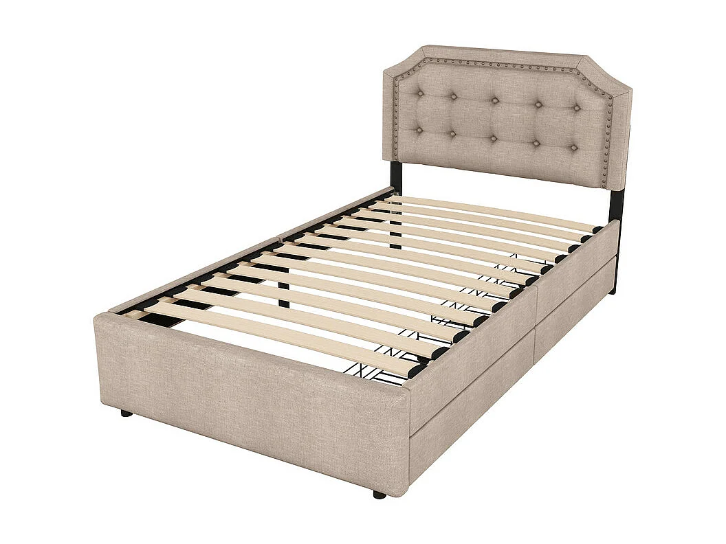 Letto imbottito in tessuto di lino con 2 cassetti - 90x200 cm - testiera decorata con rivetti - Tortora