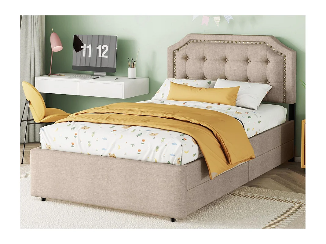 Lit capitonné en tissu de lin avec 2 tiroirs - 90x200cm - tête de lit décorée de rivets - Taupe