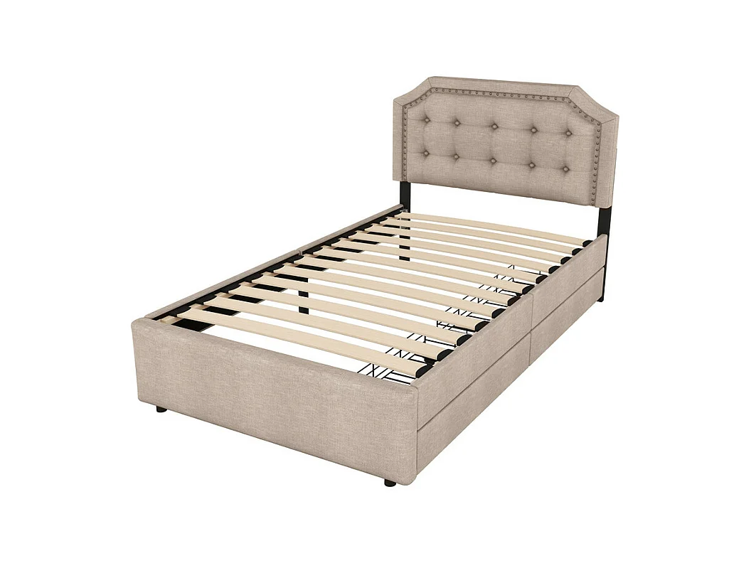 Lit capitonné en tissu de lin avec 2 tiroirs - 90x200cm - tête de lit décorée de rivets - Taupe