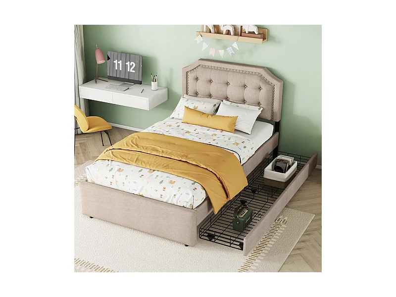 Lit capitonné en tissu de lin avec 2 tiroirs - 90x200cm - tête de lit décorée de rivets - Taupe