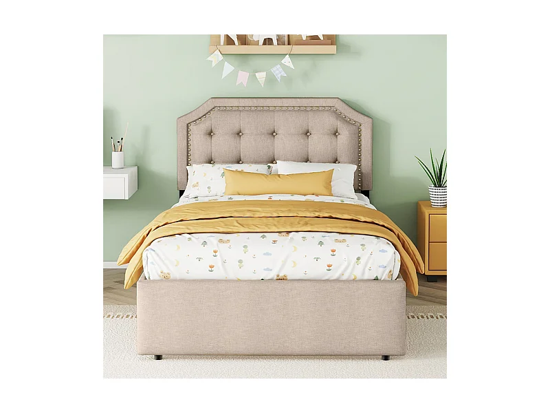 Lit capitonné en tissu de lin avec 2 tiroirs - 90x200cm - tête de lit décorée de rivets - Taupe