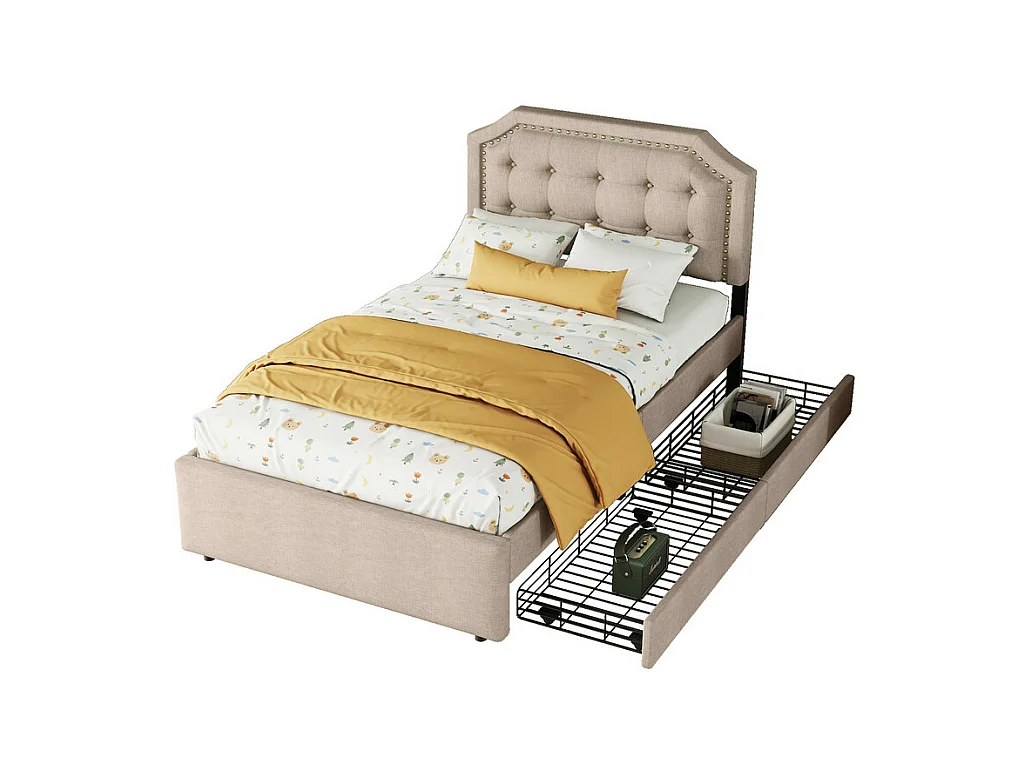 Lit capitonné en tissu de lin avec 2 tiroirs - 90x200cm - tête de lit décorée de rivets - Taupe