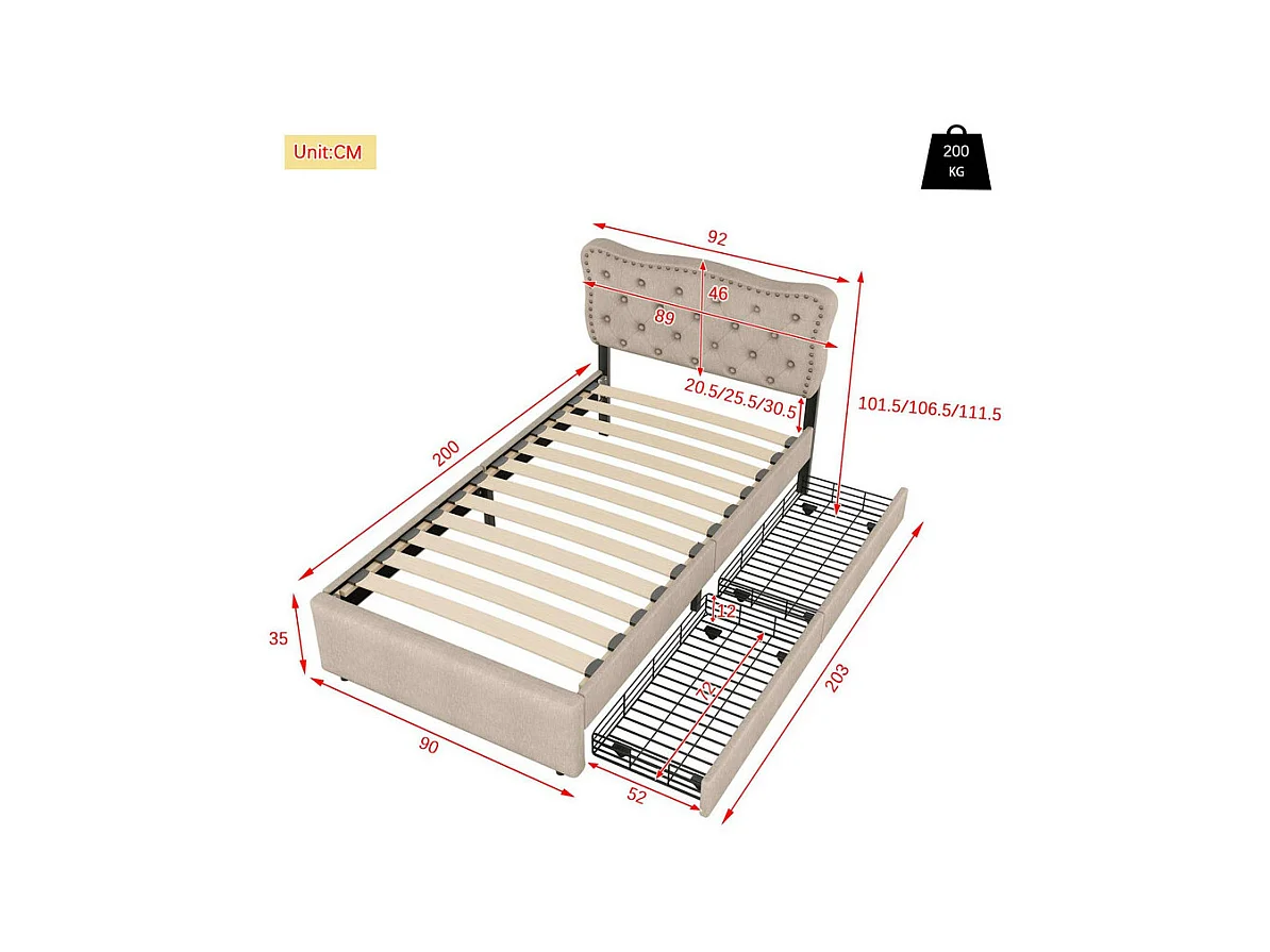 Lit capitonné en tissu de lin avec 2 tiroirs - 90x200cm - tête de lit décorée de rivets - Taupe