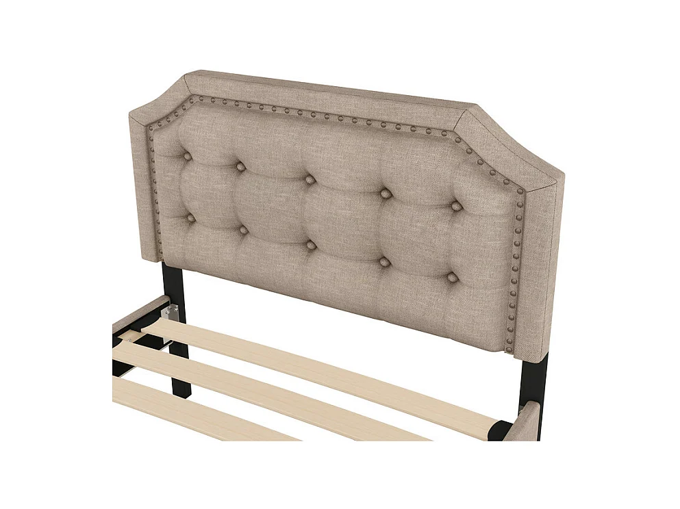 Lit capitonné en tissu de lin avec 2 tiroirs - 90x200cm - tête de lit décorée de rivets - Taupe