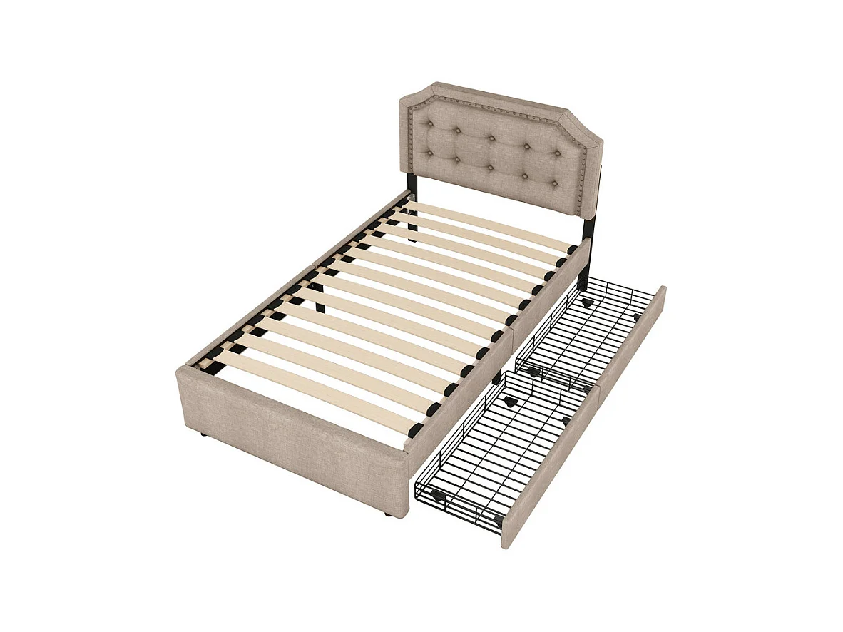 Lit capitonné en tissu de lin avec 2 tiroirs - 90x200cm - tête de lit décorée de rivets - Taupe