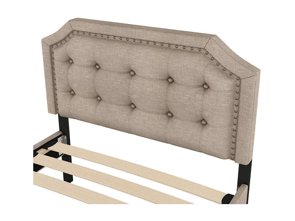 Lit capitonné en tissu de lin avec 2 tiroirs - 90x200cm - tête de lit décorée de rivets - Taupe