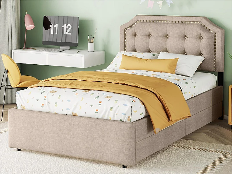 Polsterbett aus Leinenstoff mit 2 Schubladen – 90 x 200 cm – Kopfteil mit Nieten verziert – Beige