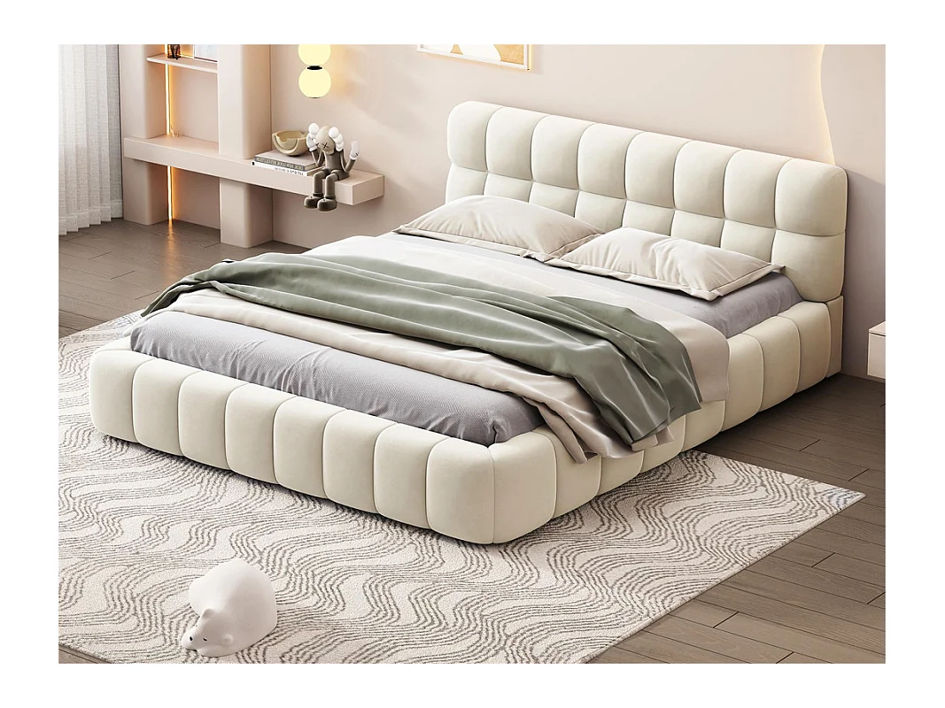 Lit double rembourré 140x190cm - avec dossier souple - Tissu de lin - Beige