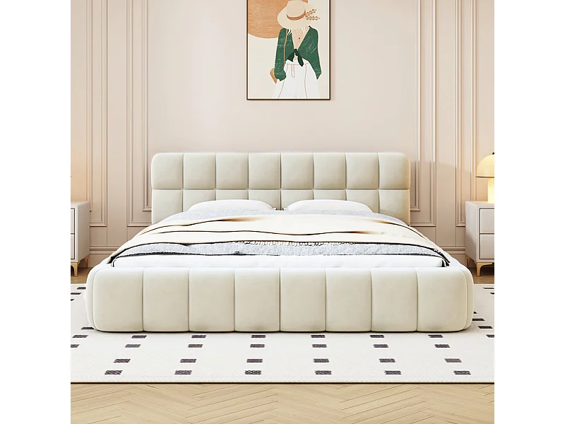 Lit double rembourré 140x190cm - avec dossier souple - Tissu de lin - Beige