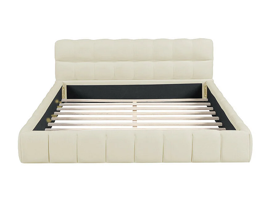 Lit double rembourré 140x190cm - avec dossier souple - Tissu de lin - Beige