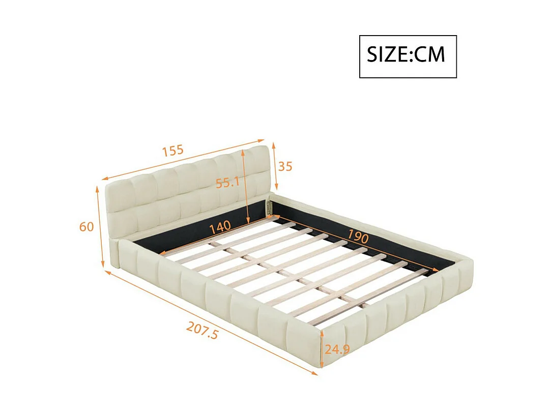 Lit double rembourré 140x190cm - avec dossier souple - Tissu de lin - Beige