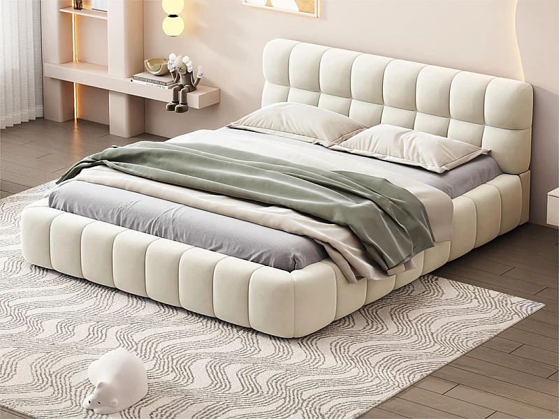 Gestoffeerd tweepersoonsbed 140x190cm - met zachte rugleuning - Linnenstof - Beige
