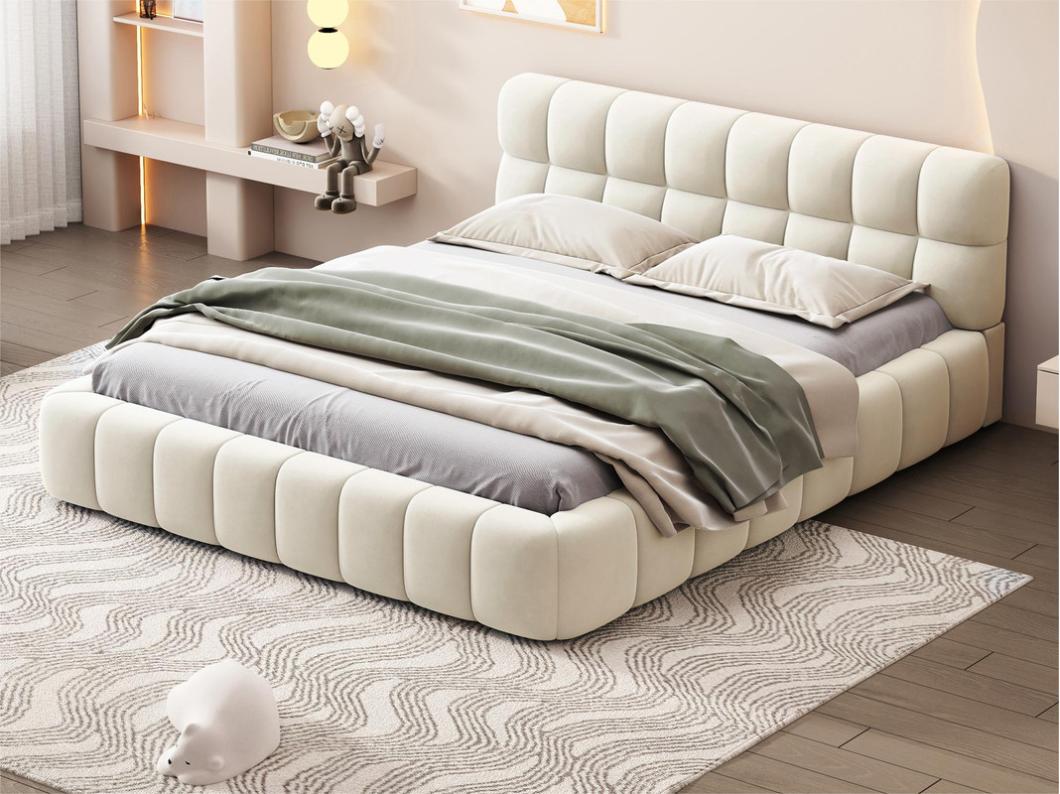 Cama doble tapizada 140x190cm - con respaldo mullido - Tela de lino - Beige
