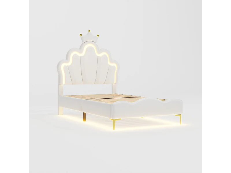 Lit enfant 90x200cm avec LED - lit princess avec coussin en similicuir - Blanc