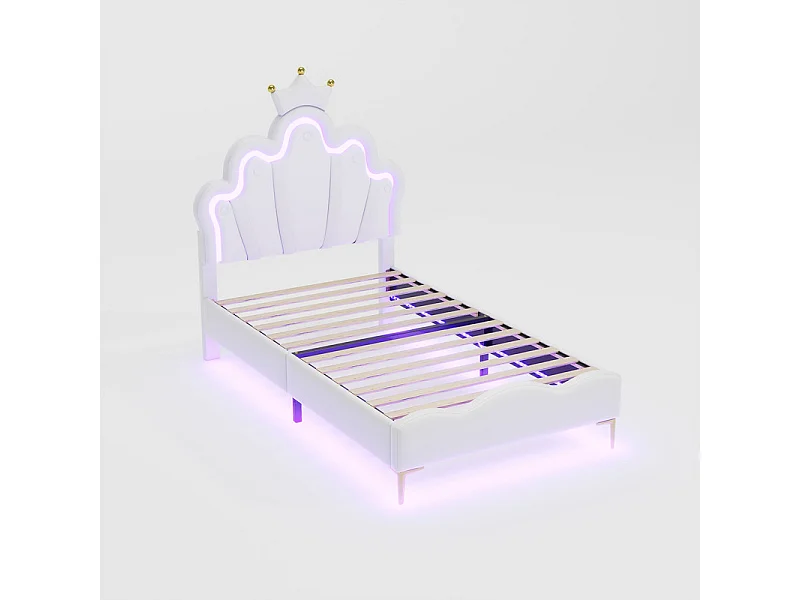 Lit enfant 90x200cm avec LED - lit princess avec coussin en similicuir - Blanc