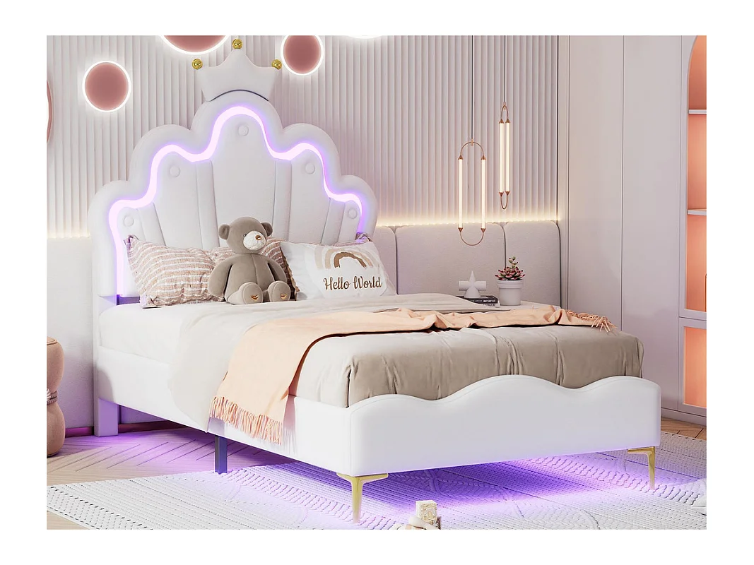 Kinderbed 90x200cm met LED - prinsessenbed met kunstleren kussen - Wit