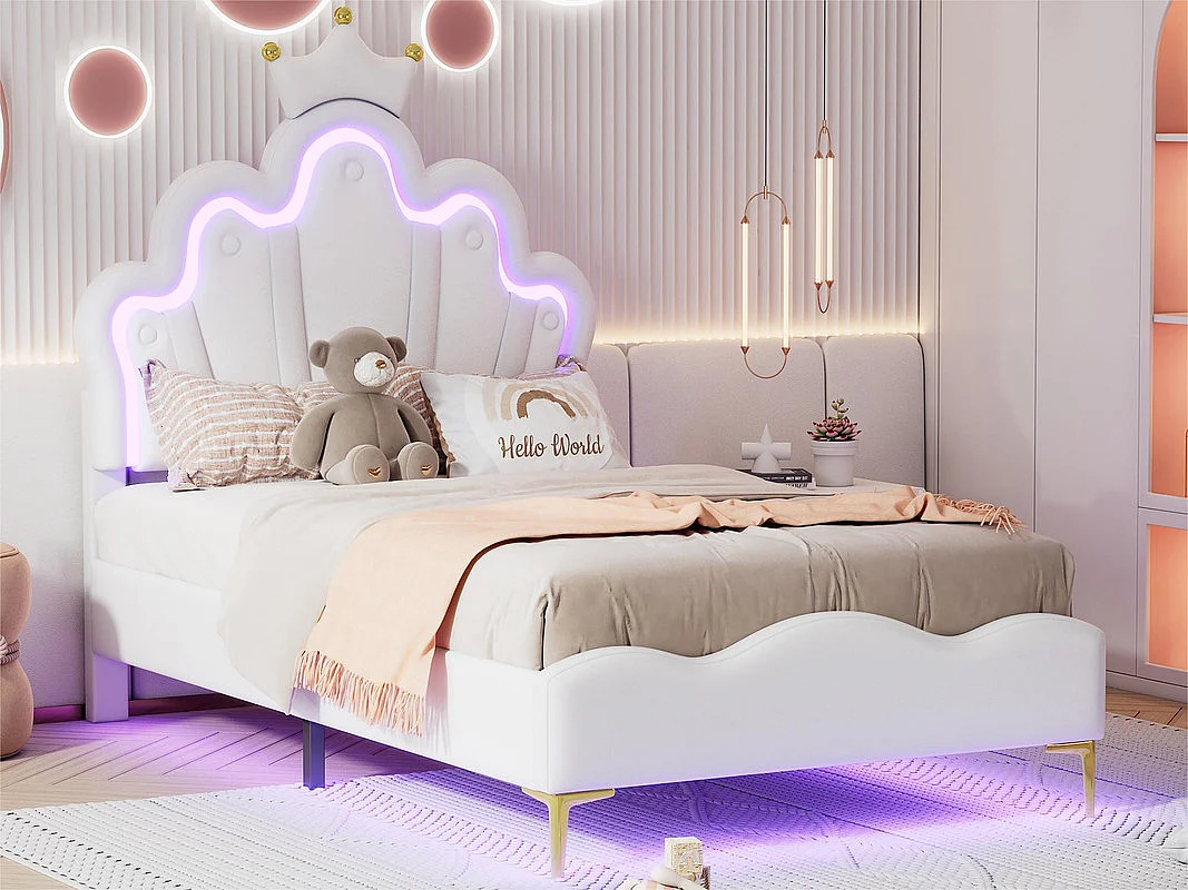 Letto per bambini 90x200 cm con LED - Letto principessa con cuscino in ecopelle - Bianco