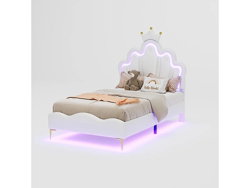 Letto per bambini 90x200 cm con LED - Letto principessa con cuscino in ecopelle - Bianco