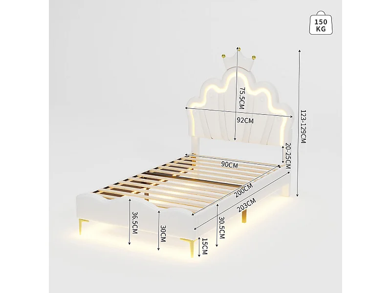 Letto per bambini 90x200 cm con LED - Letto principessa con cuscino in ecopelle - Bianco
