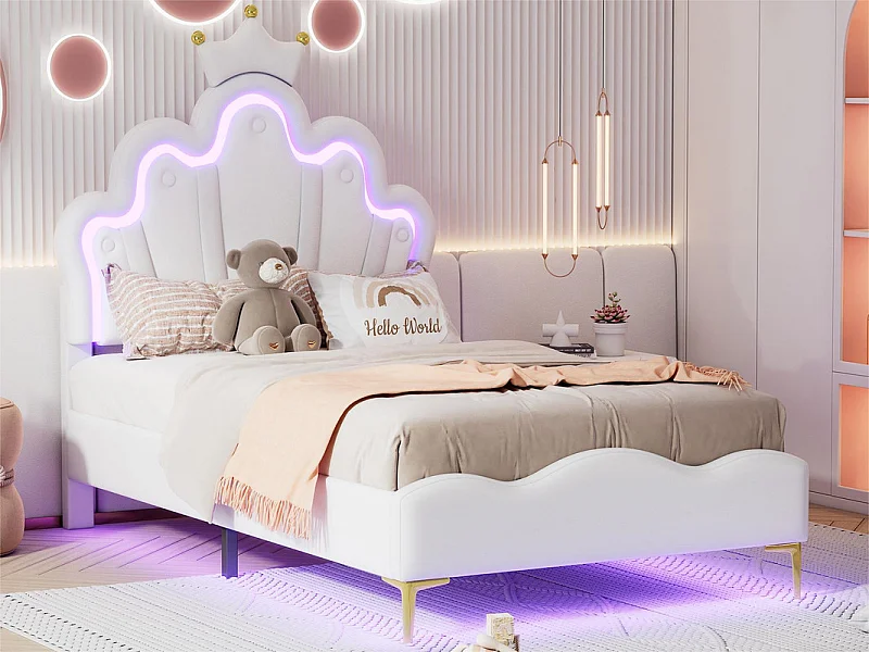Kinderbed 90x200cm met LED - prinsessenbed met kunstleren kussen - Wit