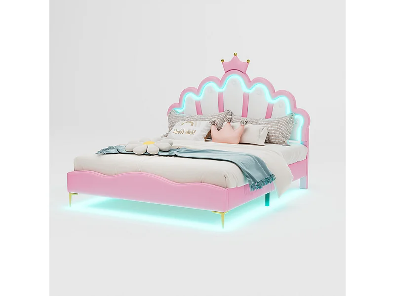 Kinderbett 140x200cm mit LED - Prinzessinnenbett mit Kunstlederkissen - Rosa