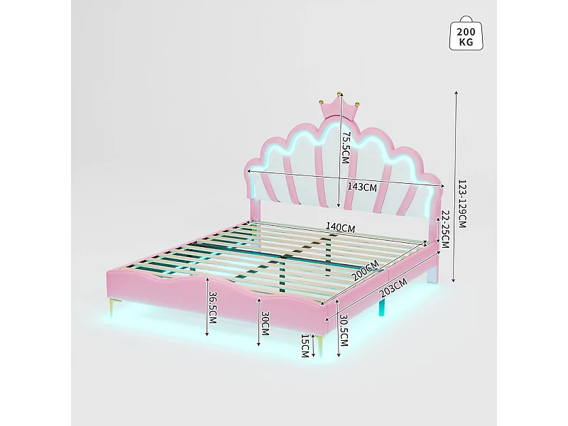 Kinderbett 140x200cm mit LED - Prinzessinnenbett mit Kunstlederkissen - Rosa