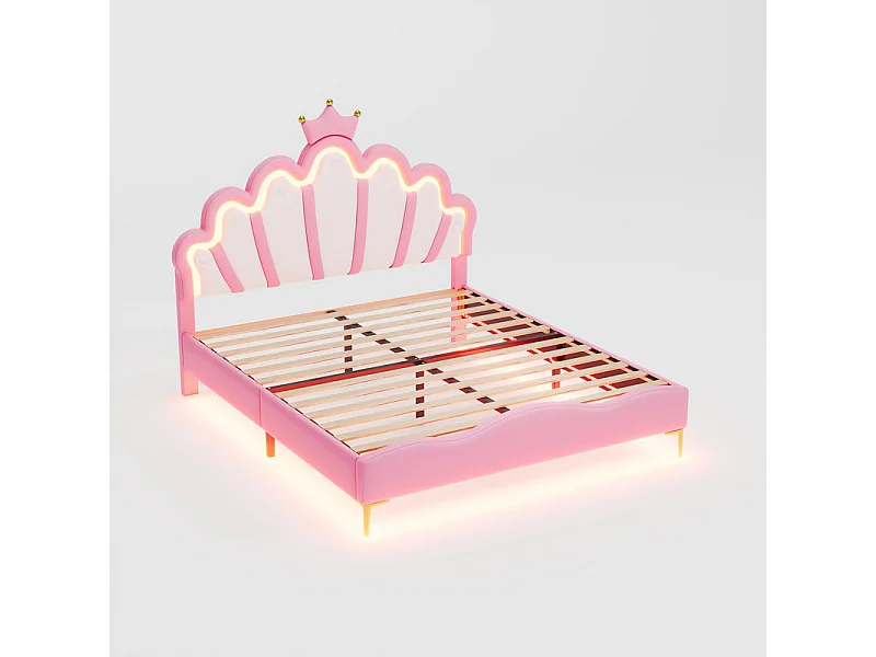 Kinderbett 140x200cm mit LED - Prinzessinnenbett mit Kunstlederkissen - Rosa