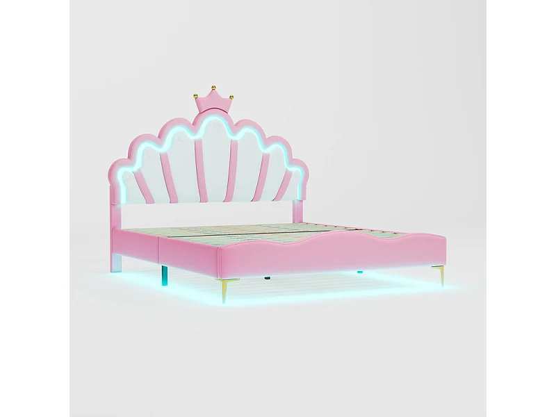 Kinderbett 140x200cm mit LED - Prinzessinnenbett mit Kunstlederkissen - Rosa