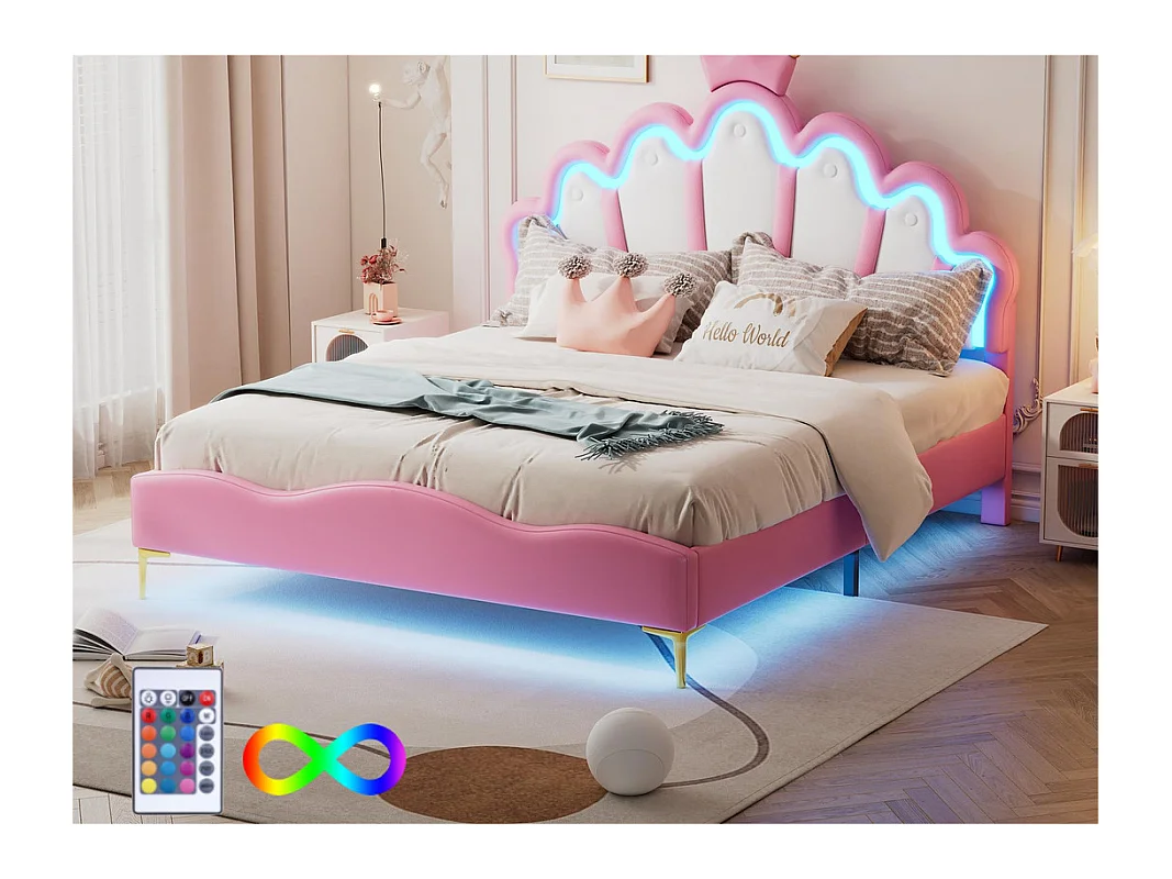 Lit enfant 140x200cm avec LED - lit princess avec coussin en similicuir - Rose