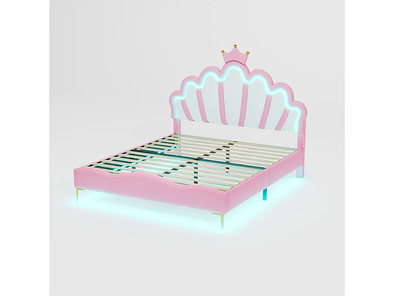 Kinderbed 140x200cm met LED - prinsessenbed met kunstleren kussen - Roze