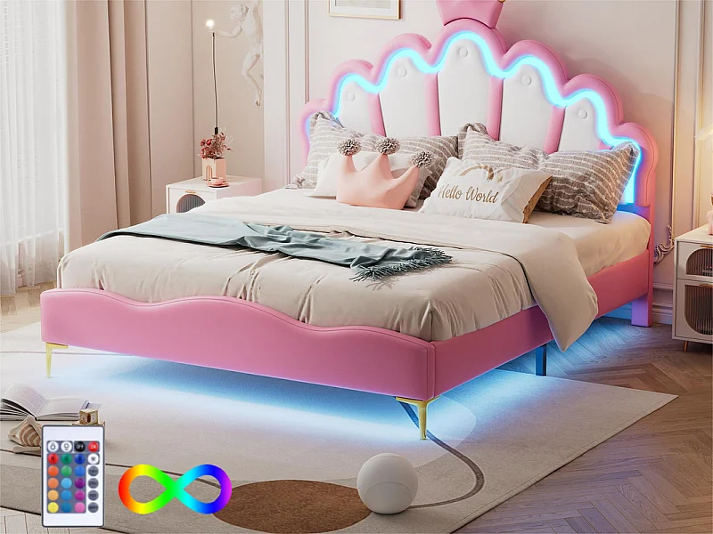 Letto per bambini 140x200 cm con LED - Letto principessa con cuscino in ecopelle - Rosa